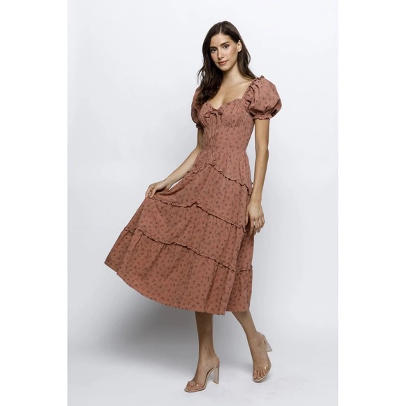 Storia Dresses & Skirts - NEW Storia Floral Brown Ruffle Midi Dress Women Sz M 100% Cotton Cottagecore